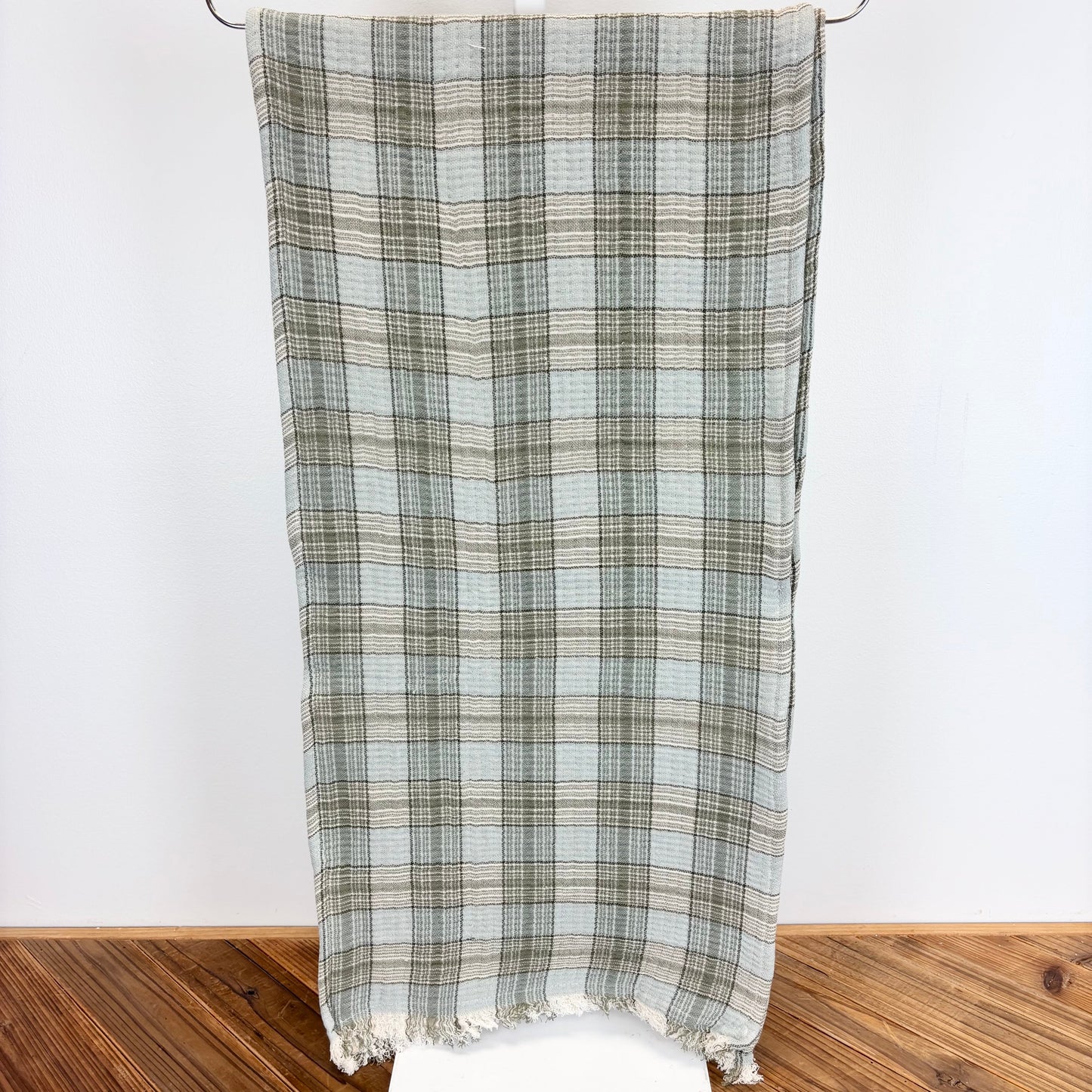 Woven Cotton Double Cloth Table Runner with Frayed Edges Plaid