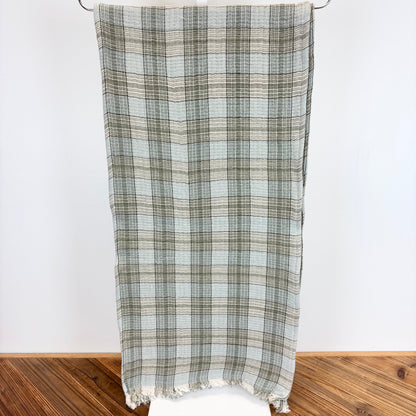 Woven Cotton Double Cloth Table Runner with Frayed Edges Plaid