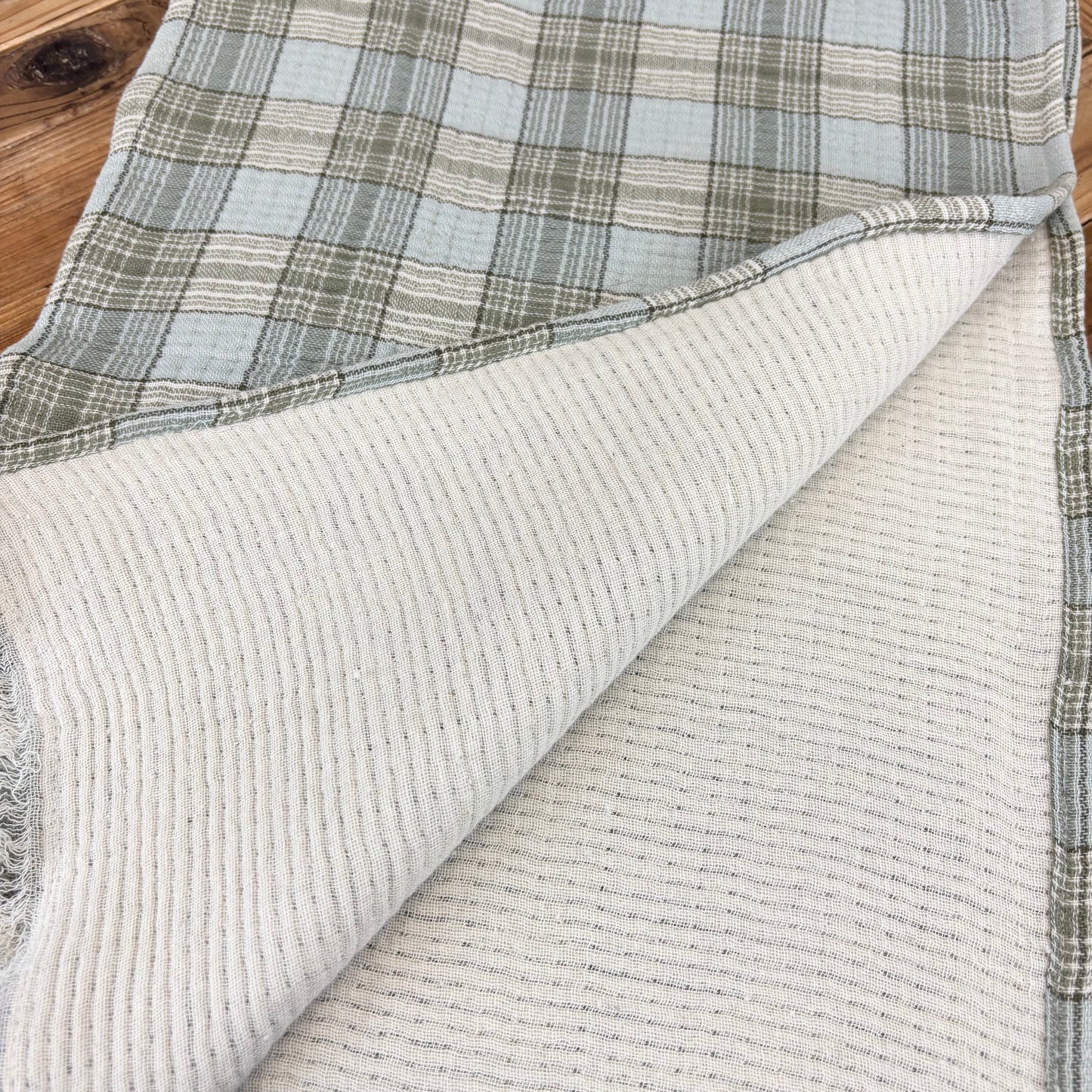 Woven Cotton Double Cloth Table Runner with Frayed Edges Plaid