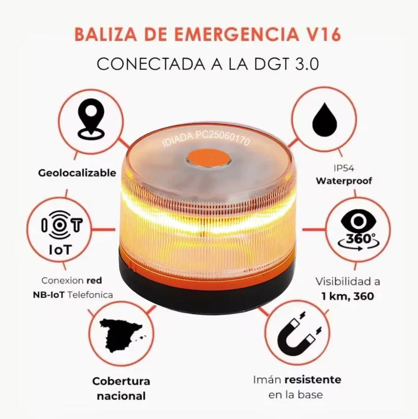 DarkFairy Luz de Emergencia V16 – Seguridad y Geolocalización para tu Vehículo-Aprobada por la DGT, con plan de datos incluido y base magnética IP54.