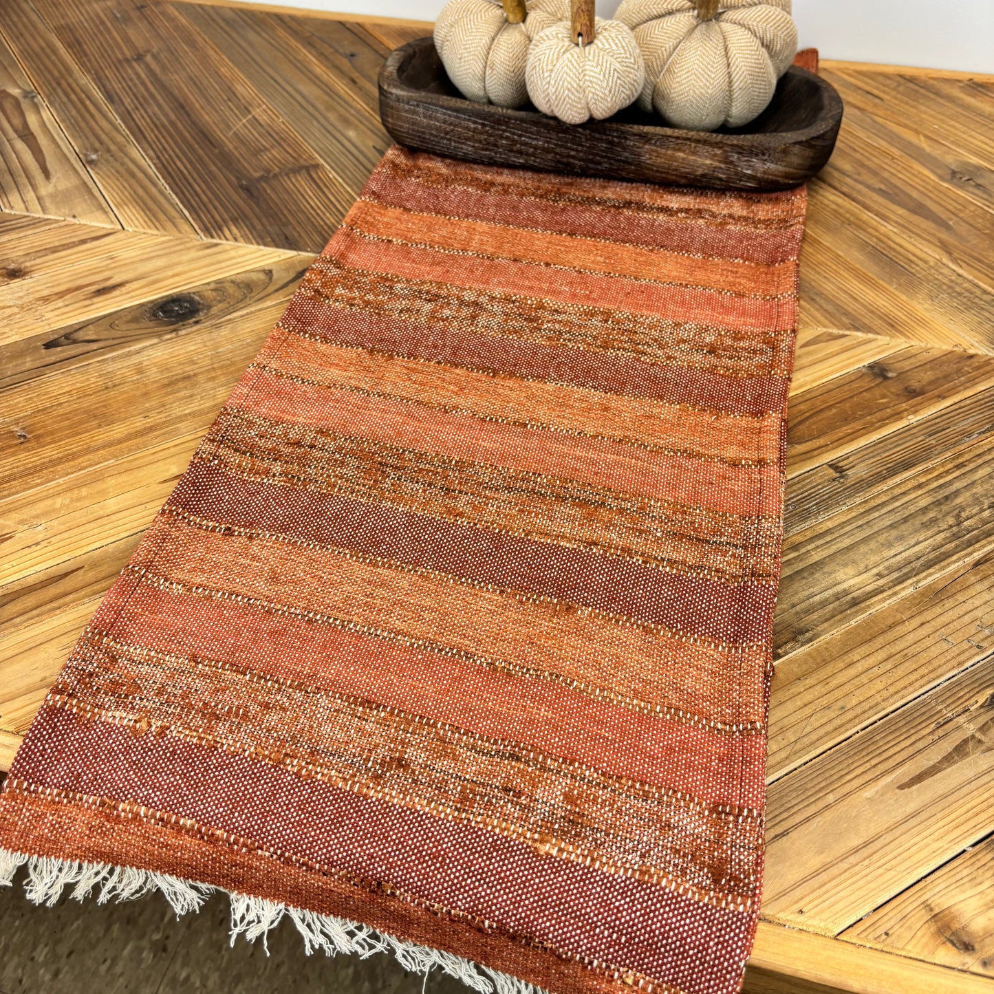 Woven Blend Striped Table Runner with Frayed Edges