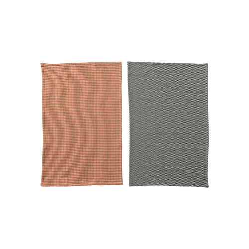 Woven Cotton Dobby Tea Towels, Orange & Green Color - Set of 2