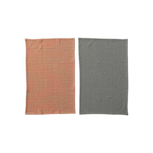Woven Cotton Dobby Tea Towels, Orange & Green Color - Set of 2