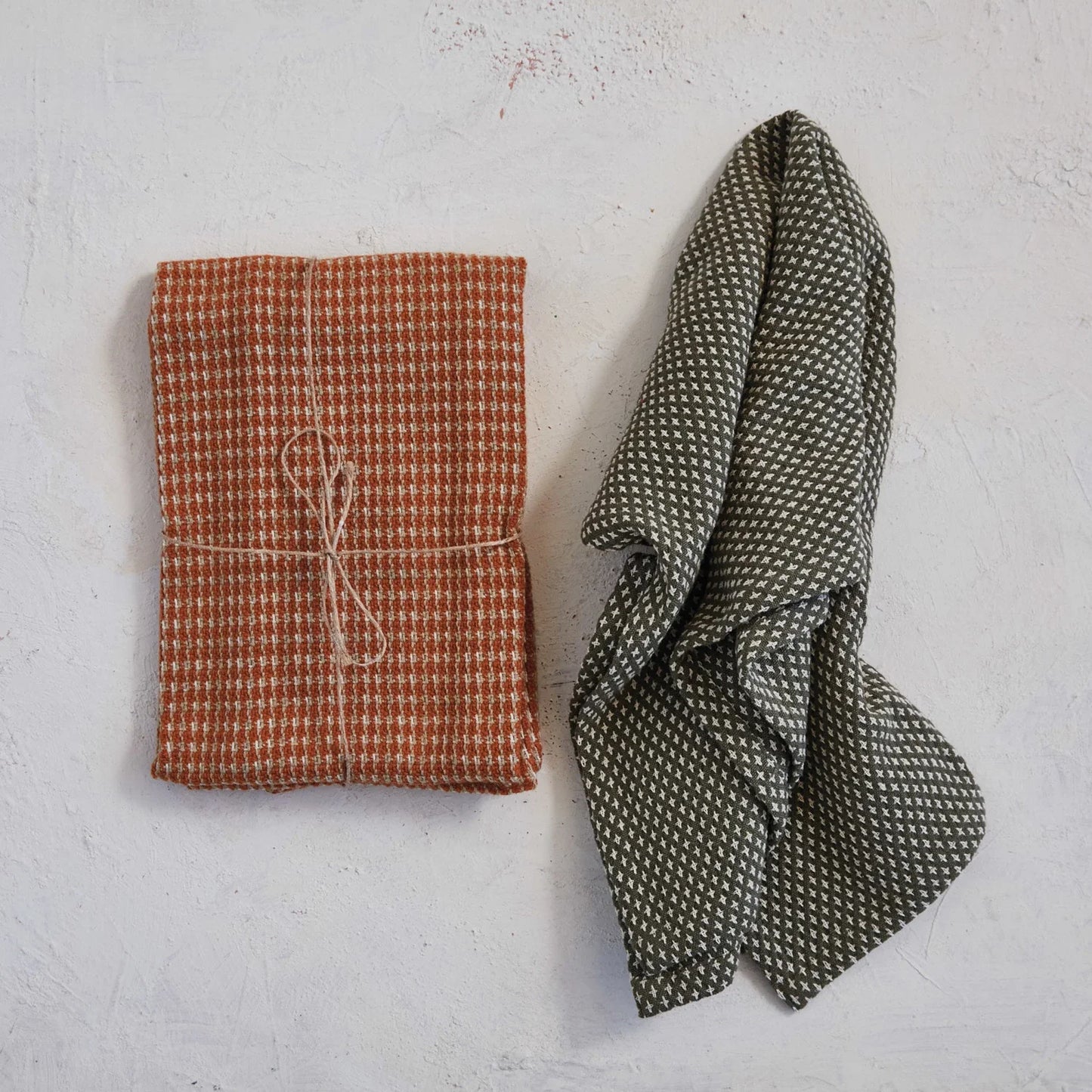 Woven Cotton Dobby Tea Towels, Orange & Green Color - Set of 2